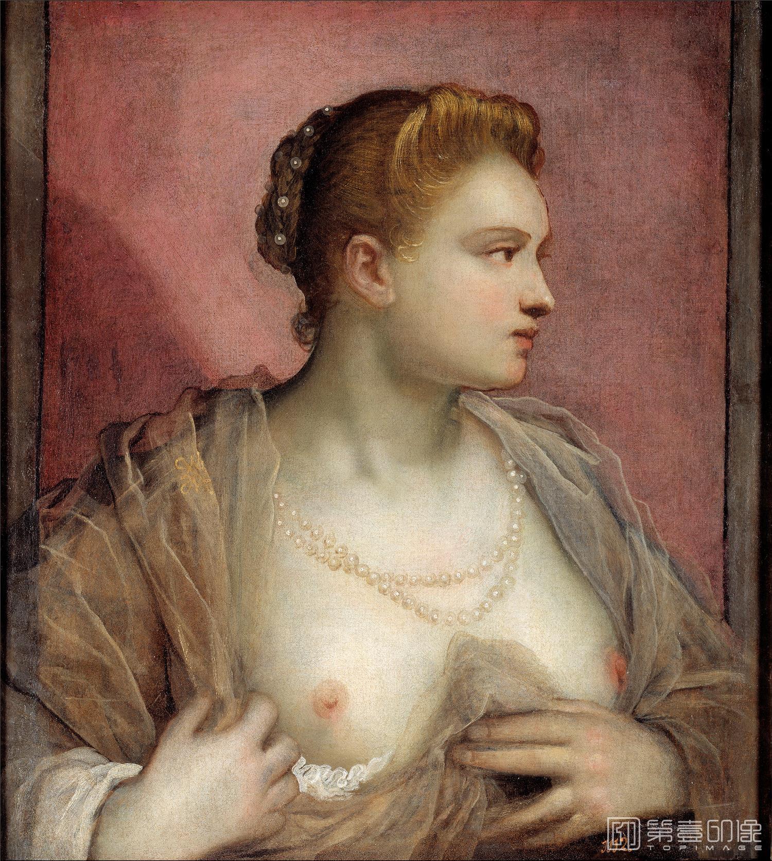 油画-西班牙普拉多美术馆油画藏画-Tintoretto, Domenico-La dama que descubre el seno-62cm x 55,6cm-2728
